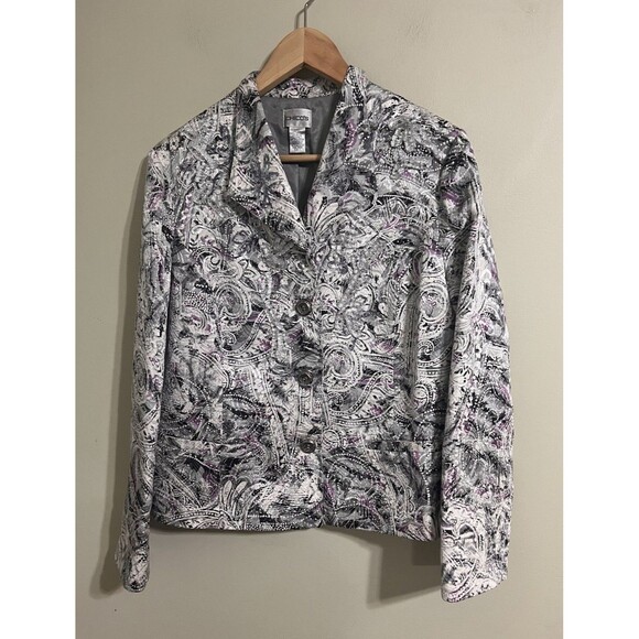 Chico's Purple Pretty Print Beaded Silk Blend Parmenia Women Jacket Size 1 - Picture 1 of 10